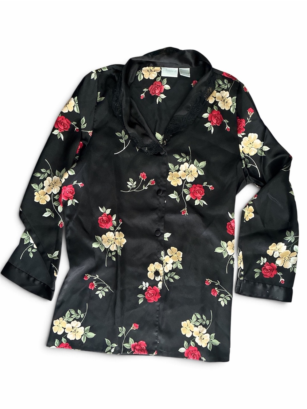 Vintage Black Floral Button-Down Shirt with Red & Cream Roses
